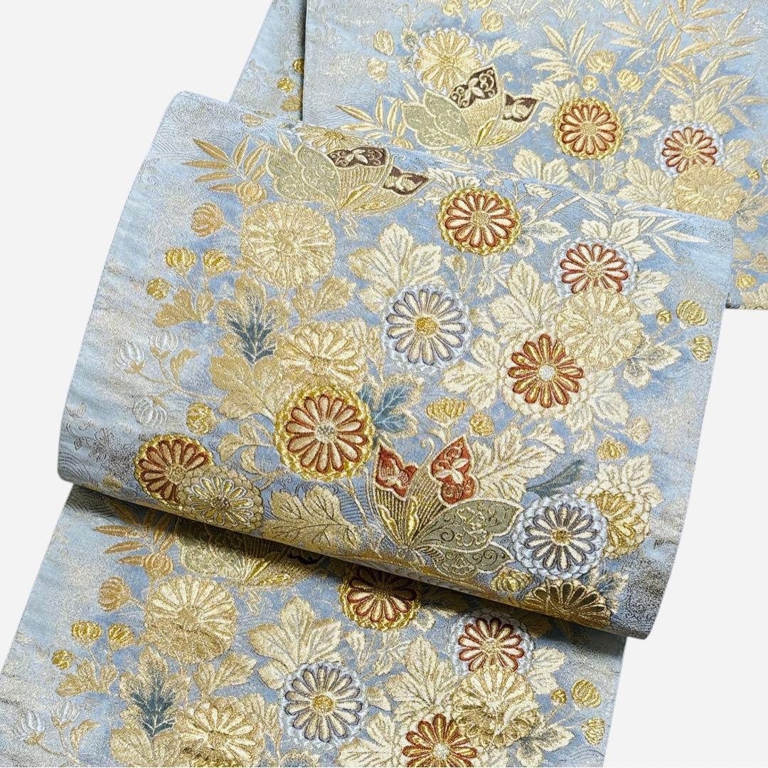A4美品袋帯 六通柄 金糸 唐織 刺繍 菊 蝶 正絹 着物 - メルカリ