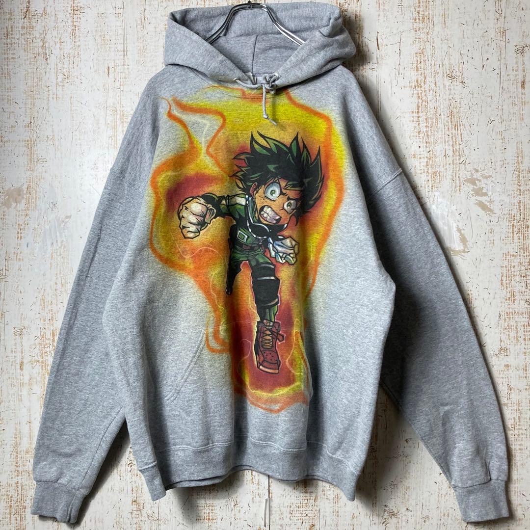 ヒロアカ デク アニメ キャラクター パーカー グレー XL アメリカ古着