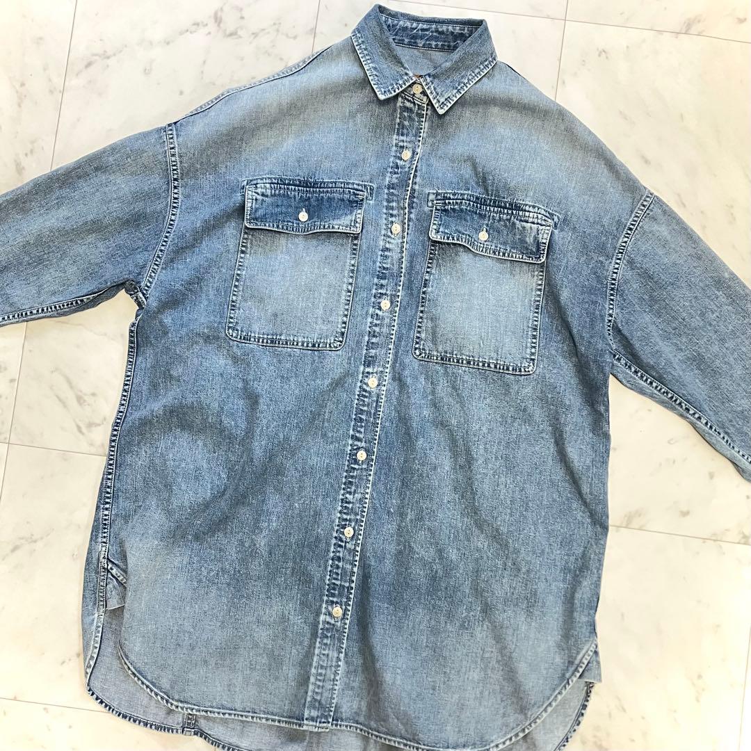 美品 ウィムガゼット ケミカルデニムビッグシャツ ライトブルー - メルカリ