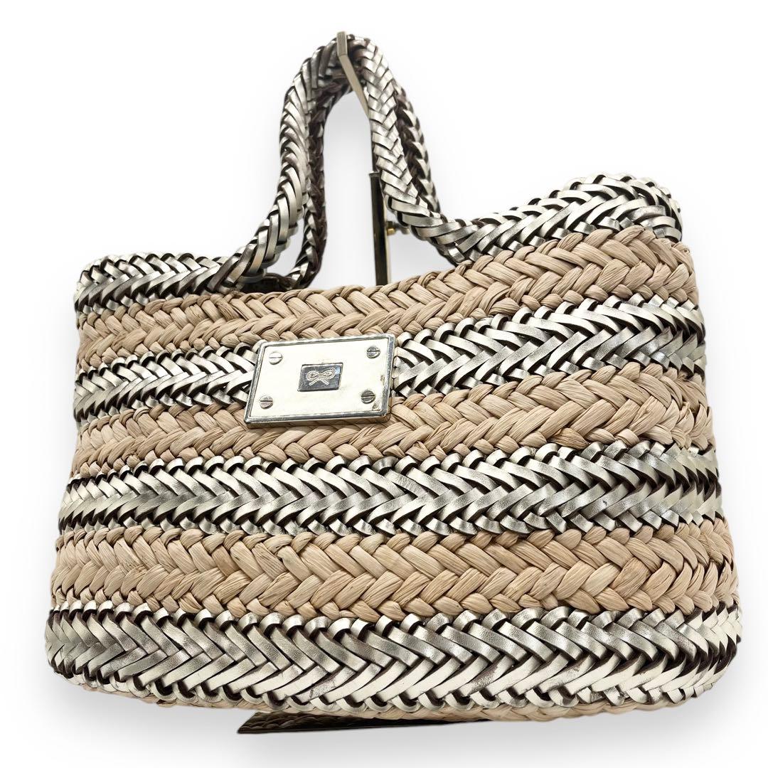 美品■アニヤハインドマーチ　かごバッグ　シルバー　リボン　レザープレート ANYA HINDMARCH（アニヤ・ハインドマーチ） バッグ かごバッグ THE