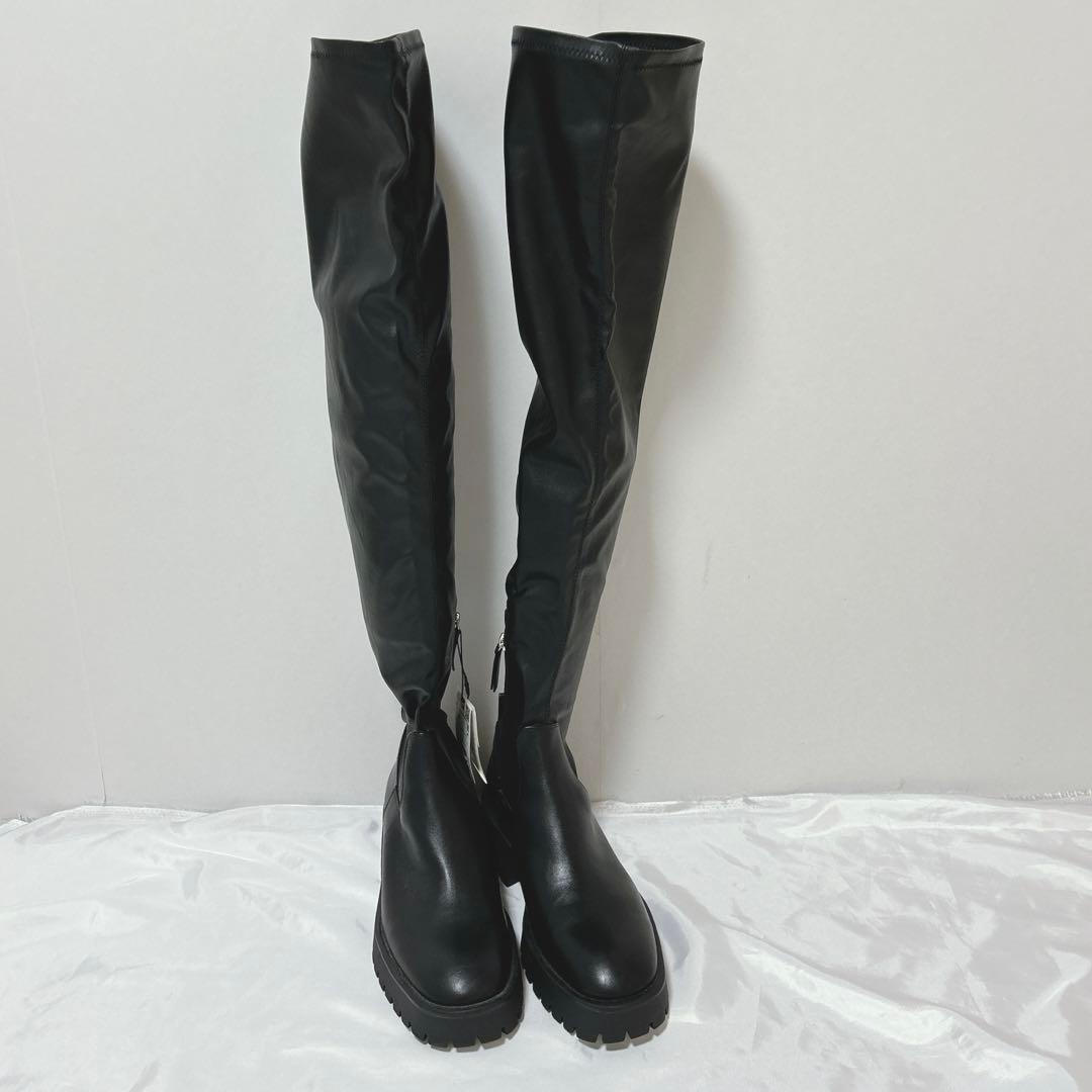 新品】ZARA ニーハイブーツ ロングブーツ トラックソール 黒 ブラック