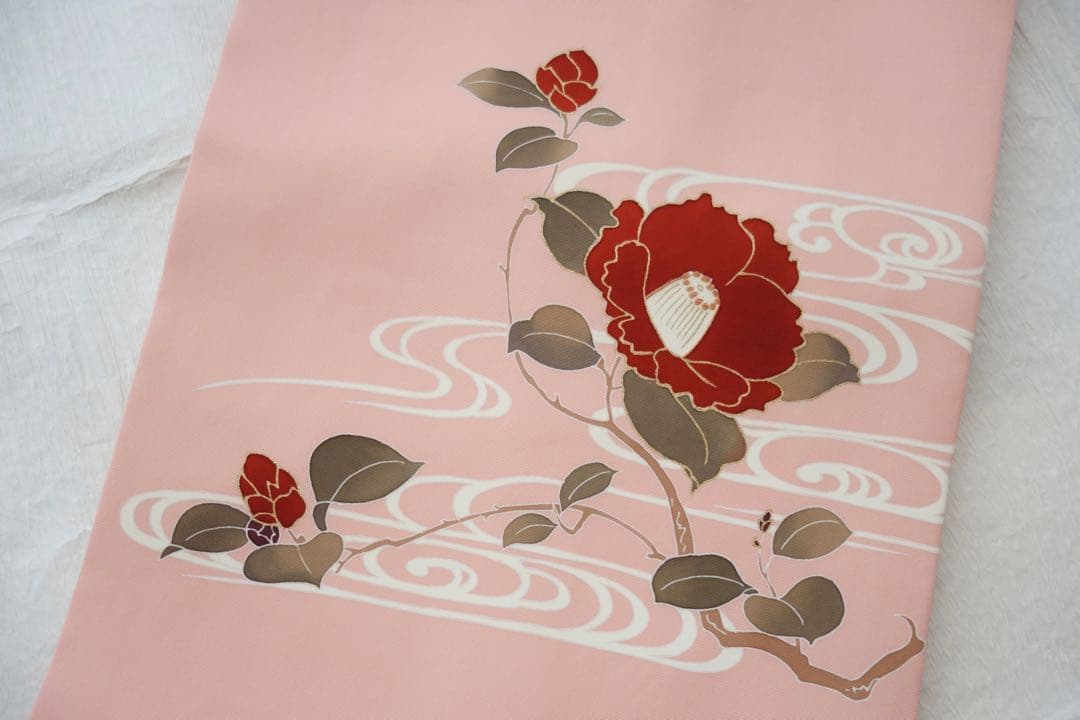 塩瀬 名古屋帯 正絹 流水に椿 手描き友禅 金彩