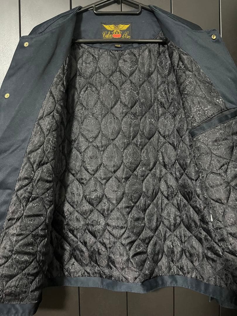 CALEE キャリー ノーカラーワークジャケット ネイビー M ワッペンレザー