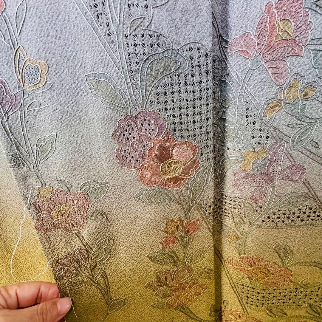 しつけ付き 正絹 袷 訪問着 着物 161裄64 汕頭刺繍 グラデ 黄緑 虹色