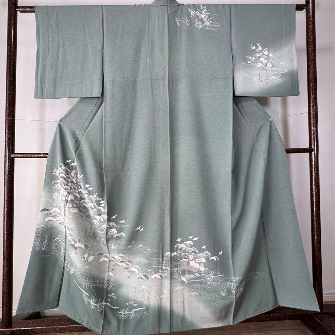 超美品 正絹 袷 現代 訪問着 着物 159裄 65 青緑 薄緑 正統派 松 鶴