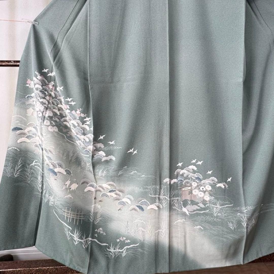超美品 正絹 袷 現代 訪問着 着物 159裄 65 青緑 薄緑 正統派 松 鶴
