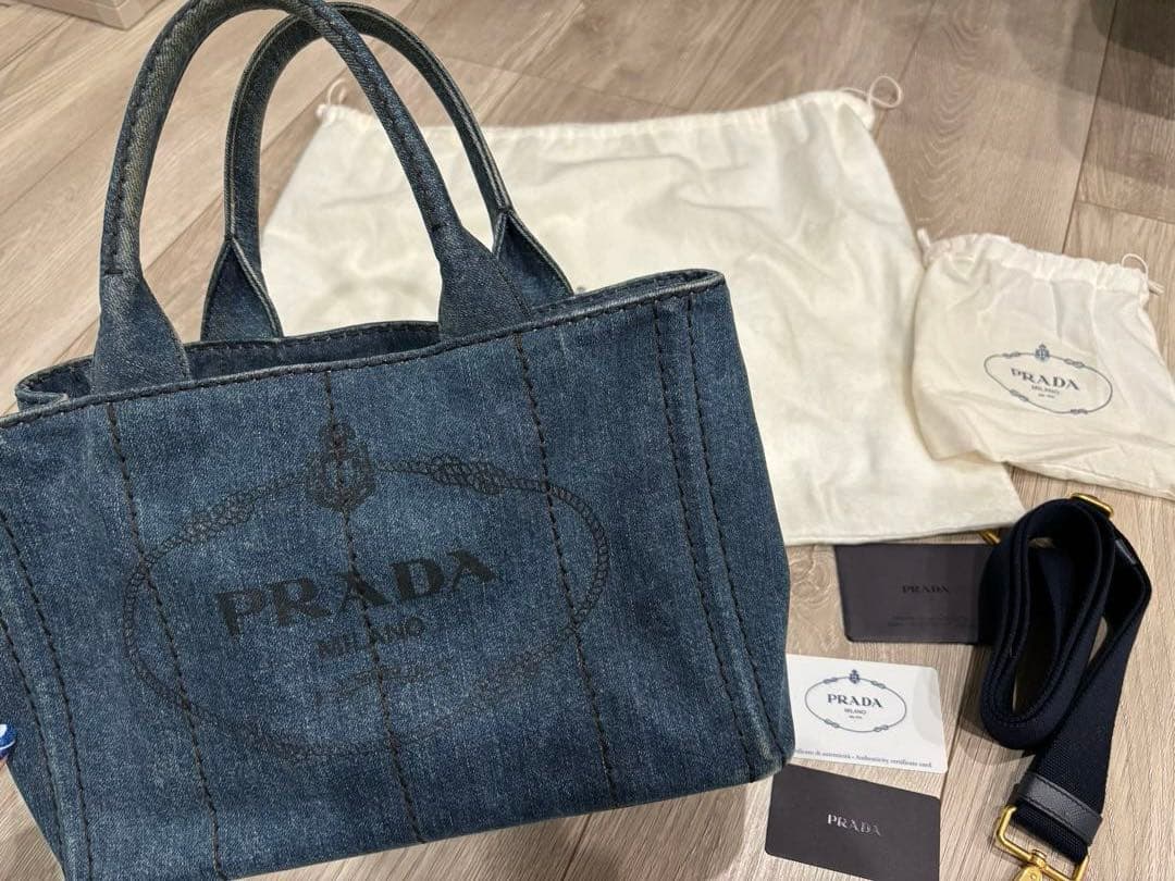 PRADA カナパ デニムトートバッグ ストラップ付き ギャランティカード