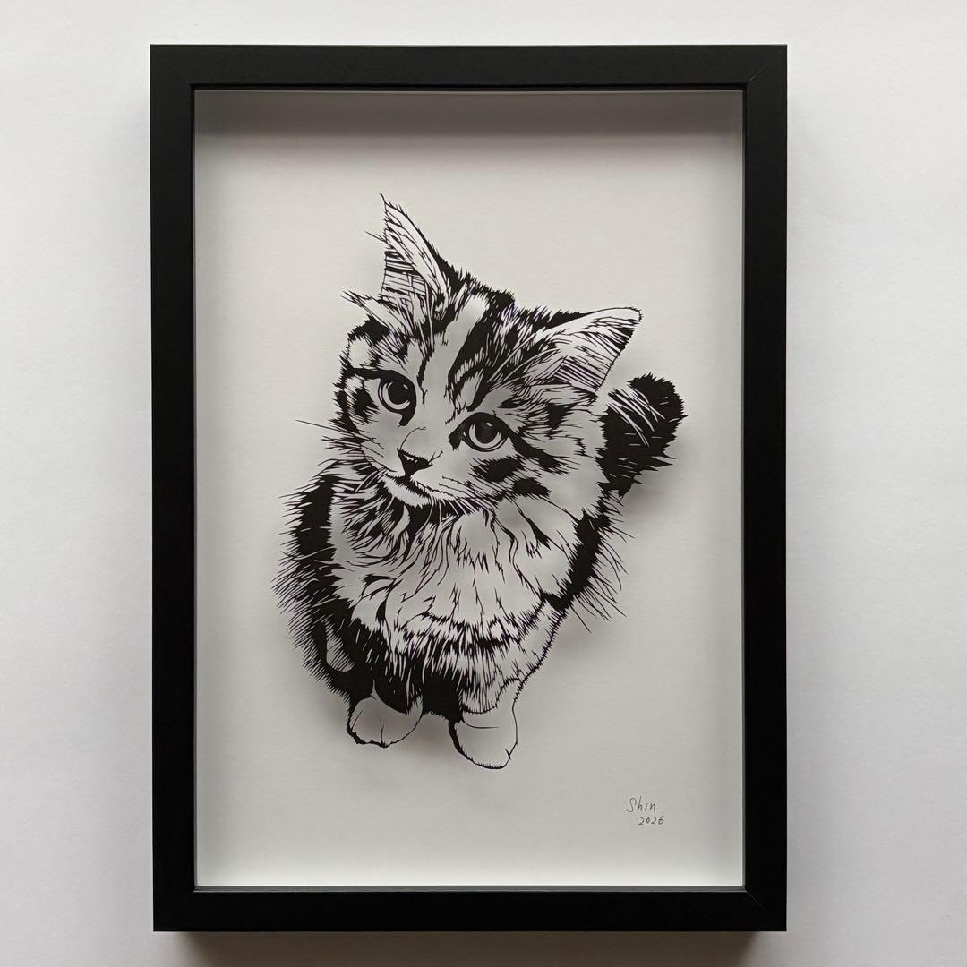 ス*ル様 【原画】切り絵『スコティッシュフォールド』　アート　絵画　額縁　猫　イ ス*ル様 【原画】切り絵『スコティッシュフォールド』 アート 絵画