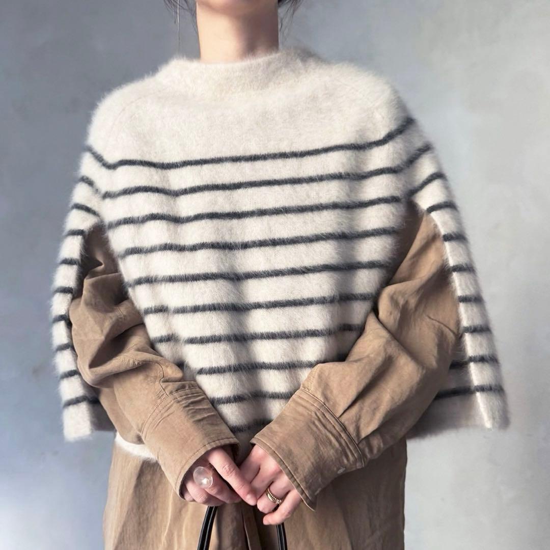 ビアズリー☆ ファーニットポンチョ フォックス カシミヤ ボーダー