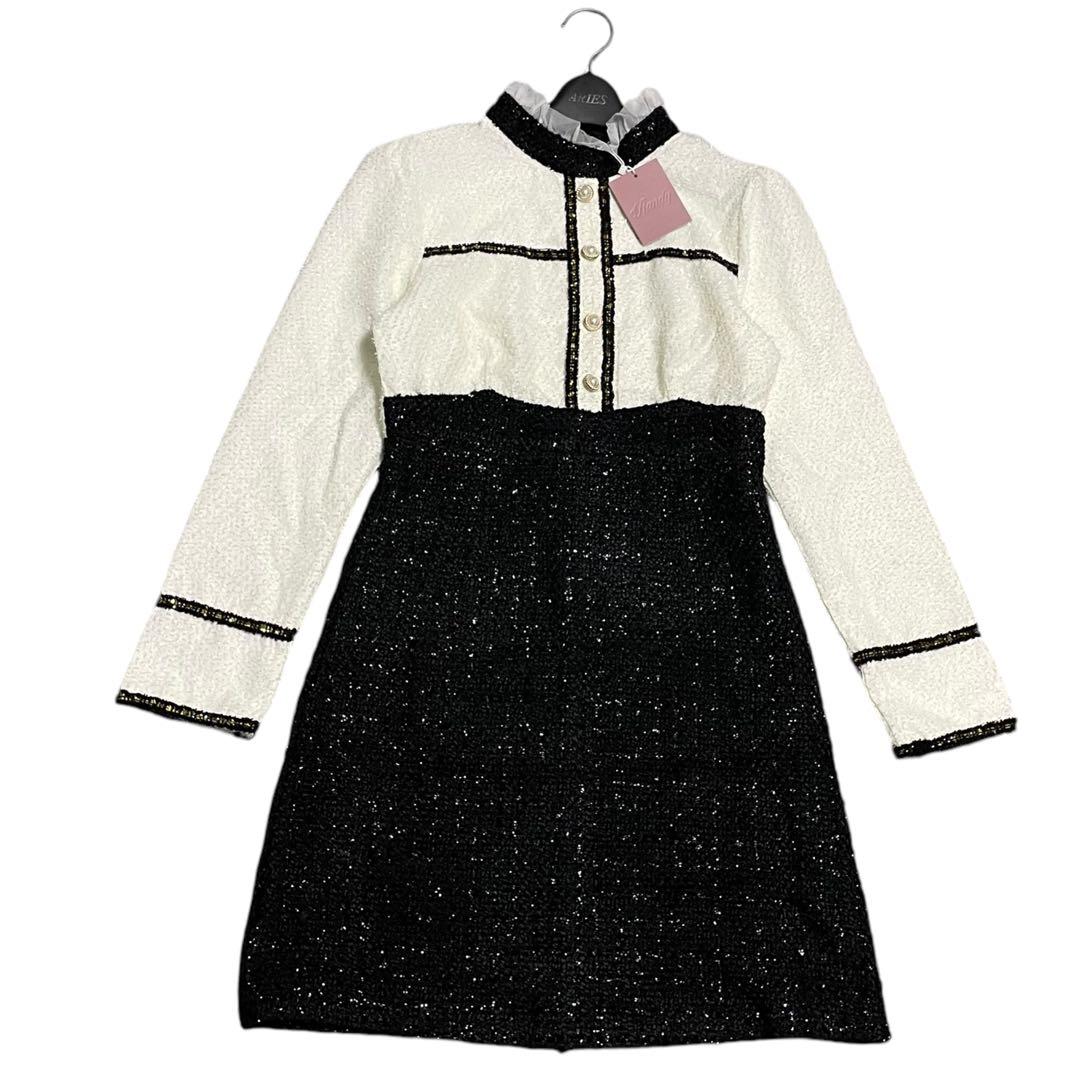 新品 Randy ランディ バイカラー ツイード ワンピース ラメ パール