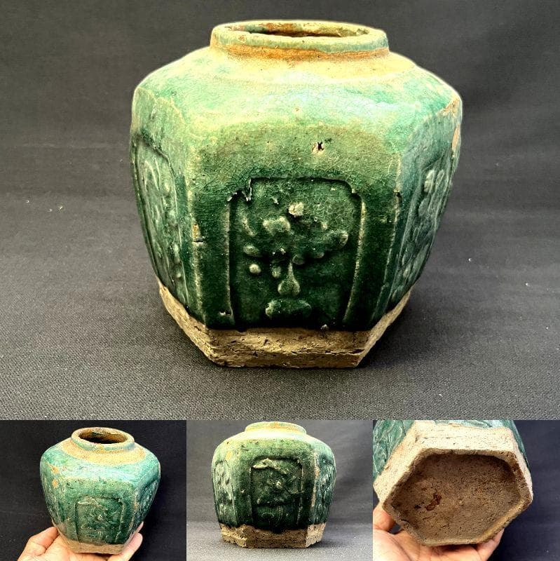 花瓶■清朝緑釉六角茶壷 石湾窯 宜興窯 浮彫紋窓絵花唐草 古玩 時代物 骨董品■ 清朝 石湾窯 緑釉陽刻面取壺 | 骨董と詩学 Antique & Poetics | 蛇韻律