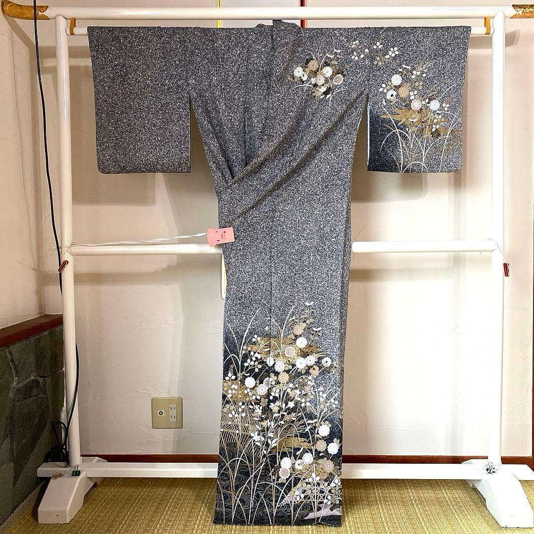 着物-袷着物2 秋草文様 黒地に金彩上品で華やかな装い【訪問着】【正絹