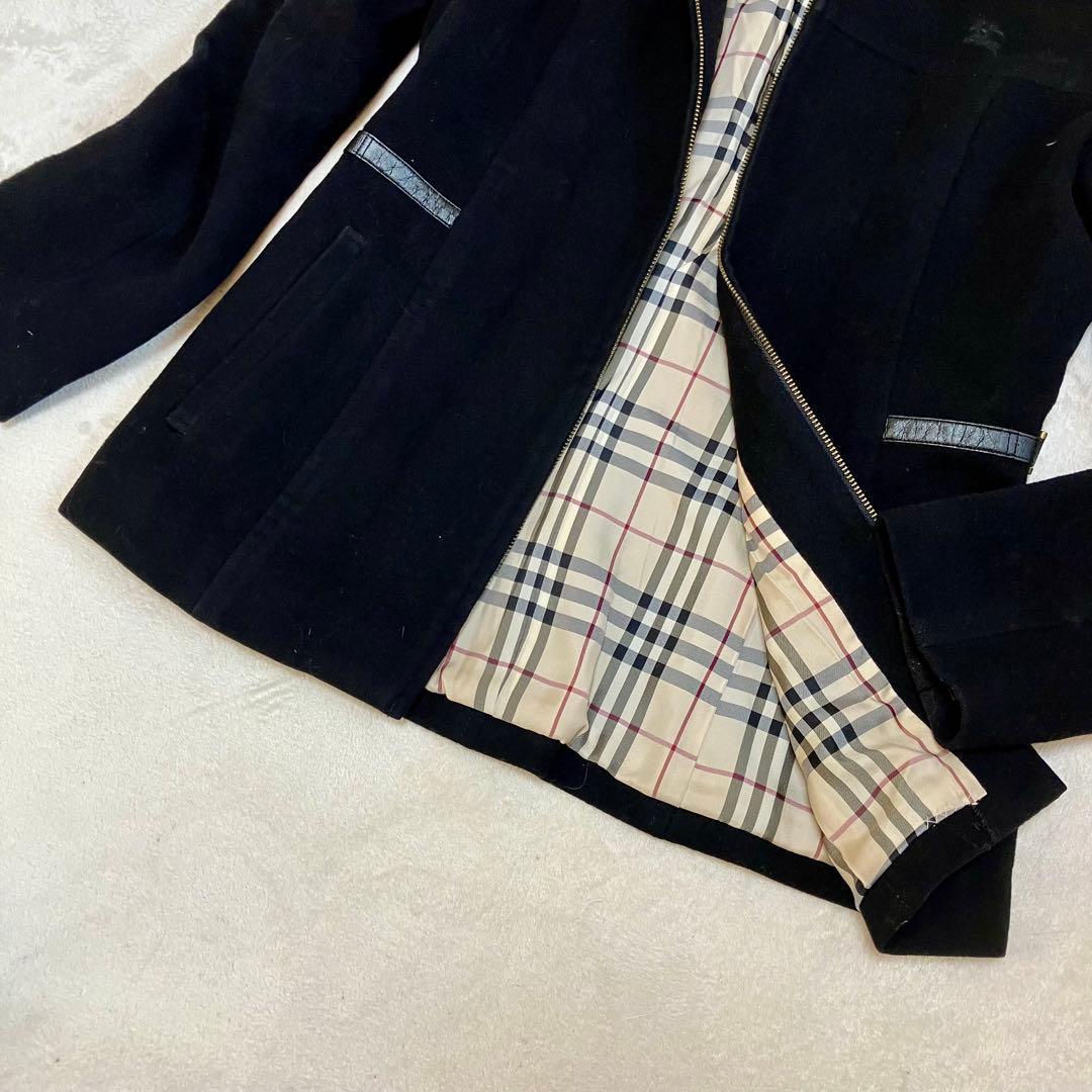 バーバリーブルーレーベル ウールコート フード付 裏ノバチェック 黒 M