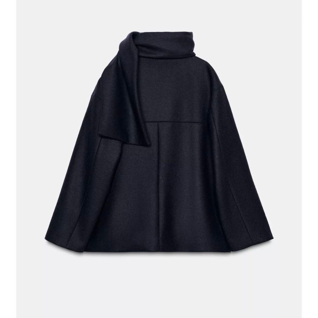 今期完売 ZARA ウールショートスカーフコート XS ザラ ネイビー - メルカリ