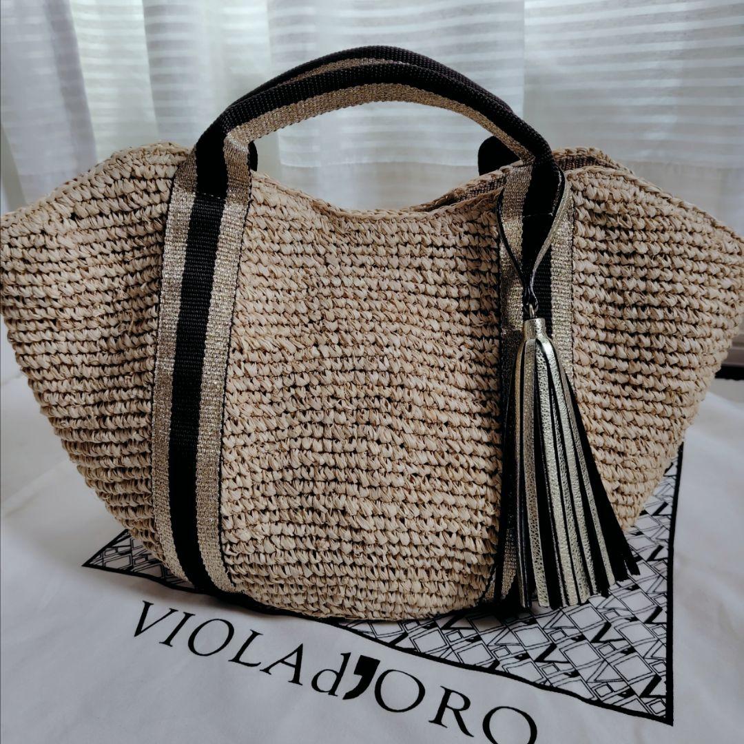 美品 ヴィオラドーロ ラフィアトートバッグ カゴバッグ 牛革タッセル