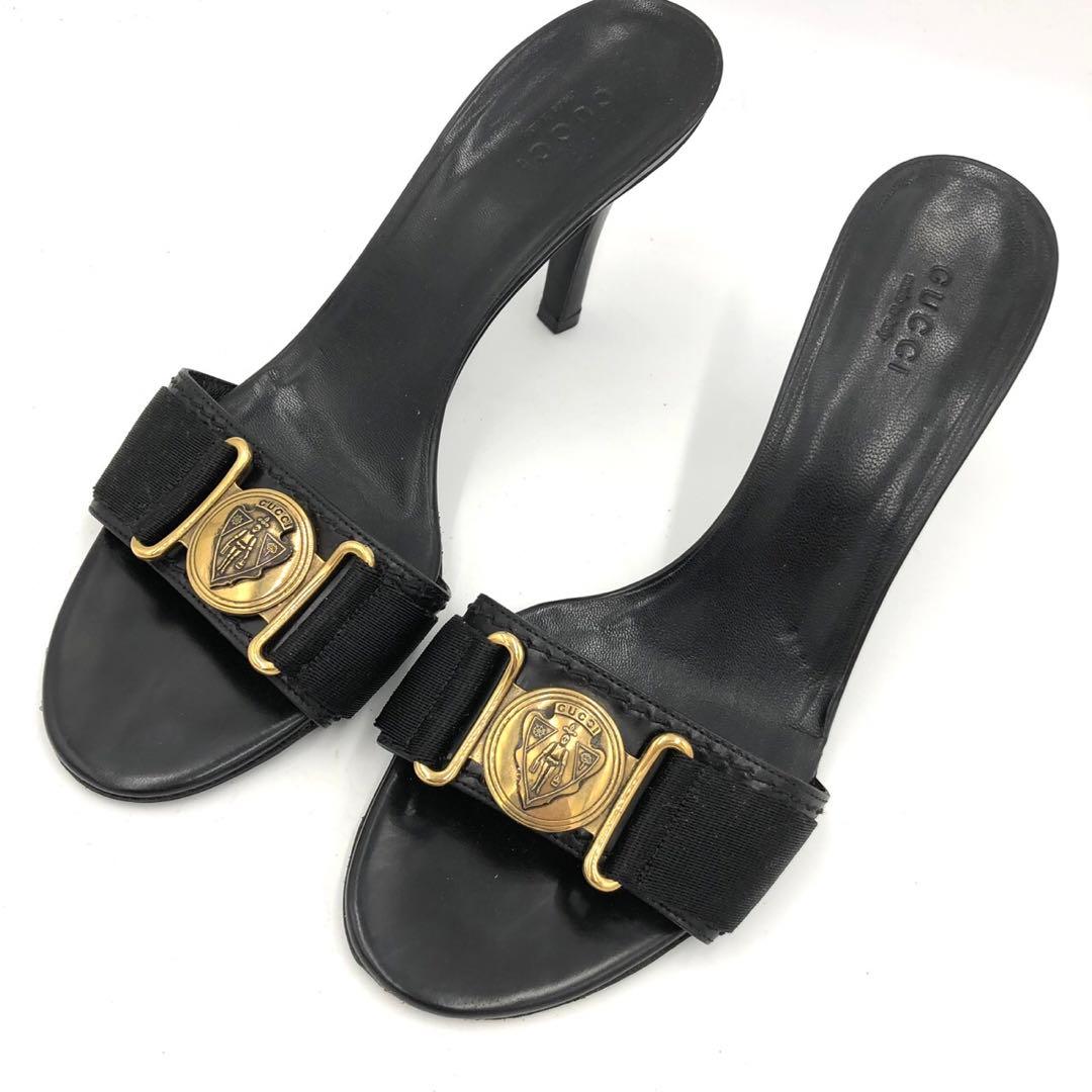 GUCCI グッチ ミュール サンダル ヒール 36 1/2 C ブラック 黒 中古・古着通販】GUCCI (グッチ) ホースビットレザーミュール ブラック