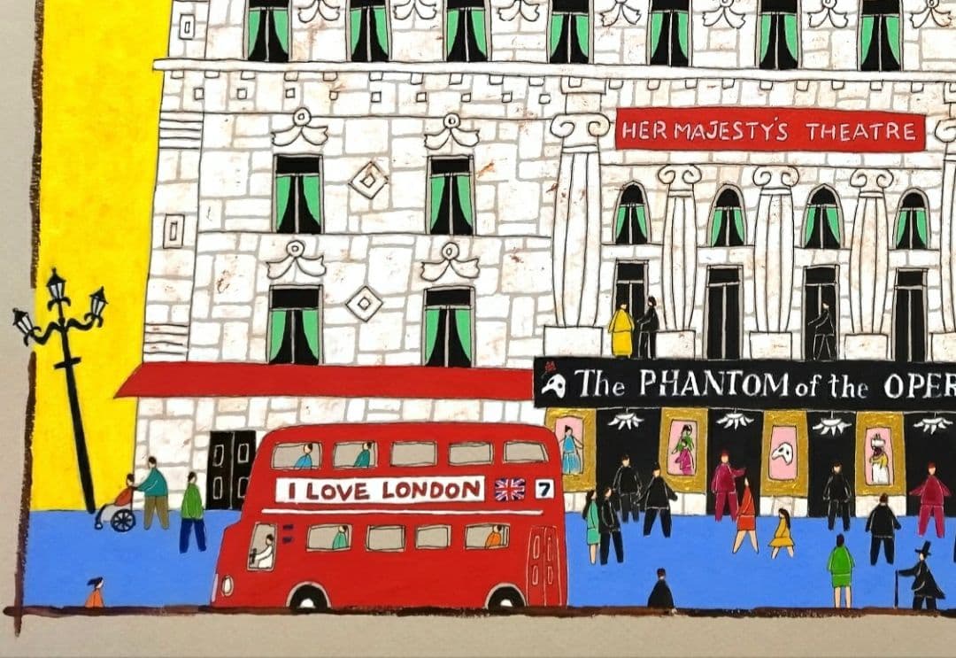 水彩画原画 ロンドンのミュージカル劇場、「オペラ座の怪人」上演中
