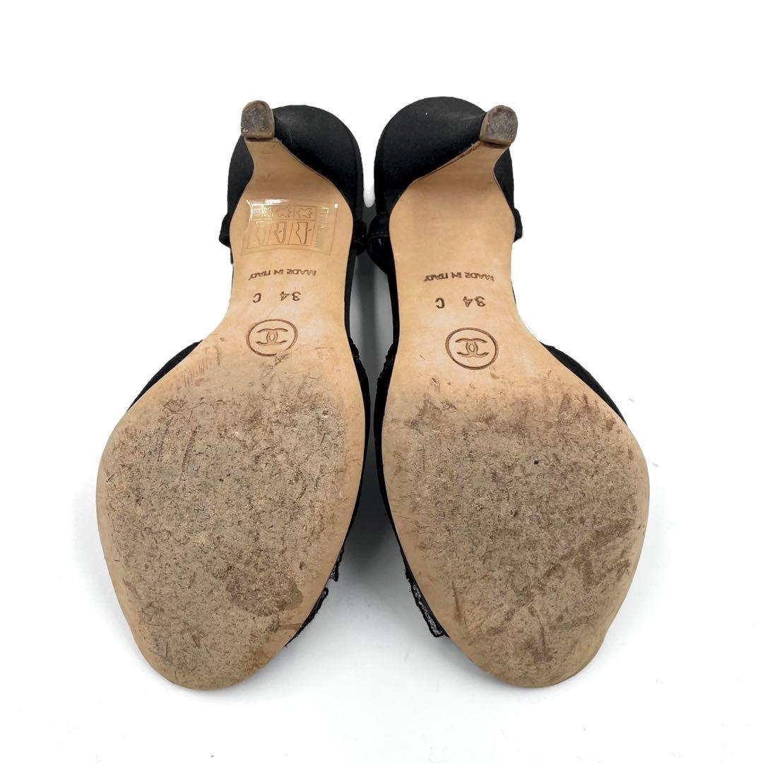 《超美品》CHANEL シャネル カメリア ココマーク パンプス サテン 黒系