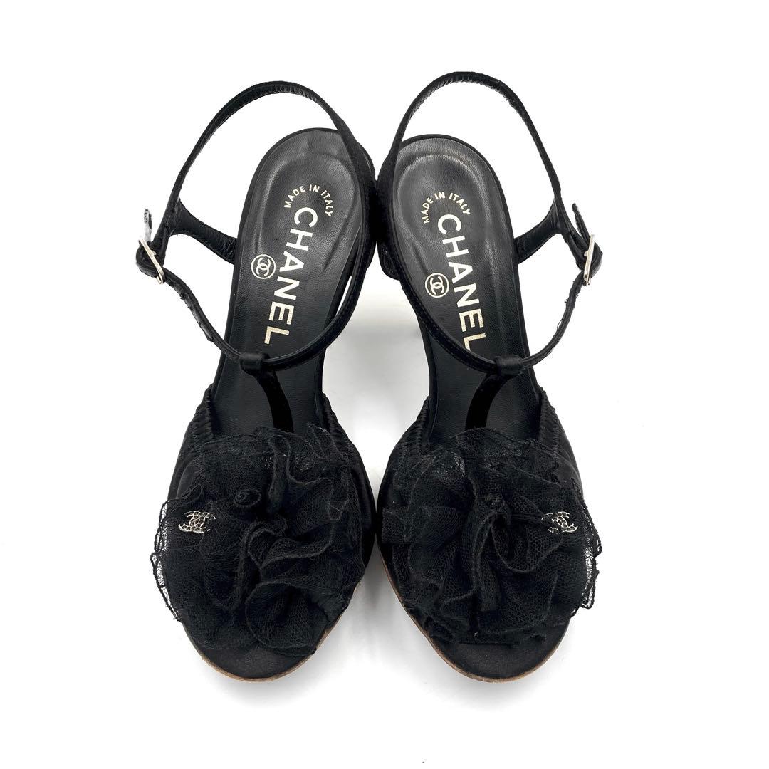 《超美品》CHANEL シャネル カメリア ココマーク パンプス サテン 黒系