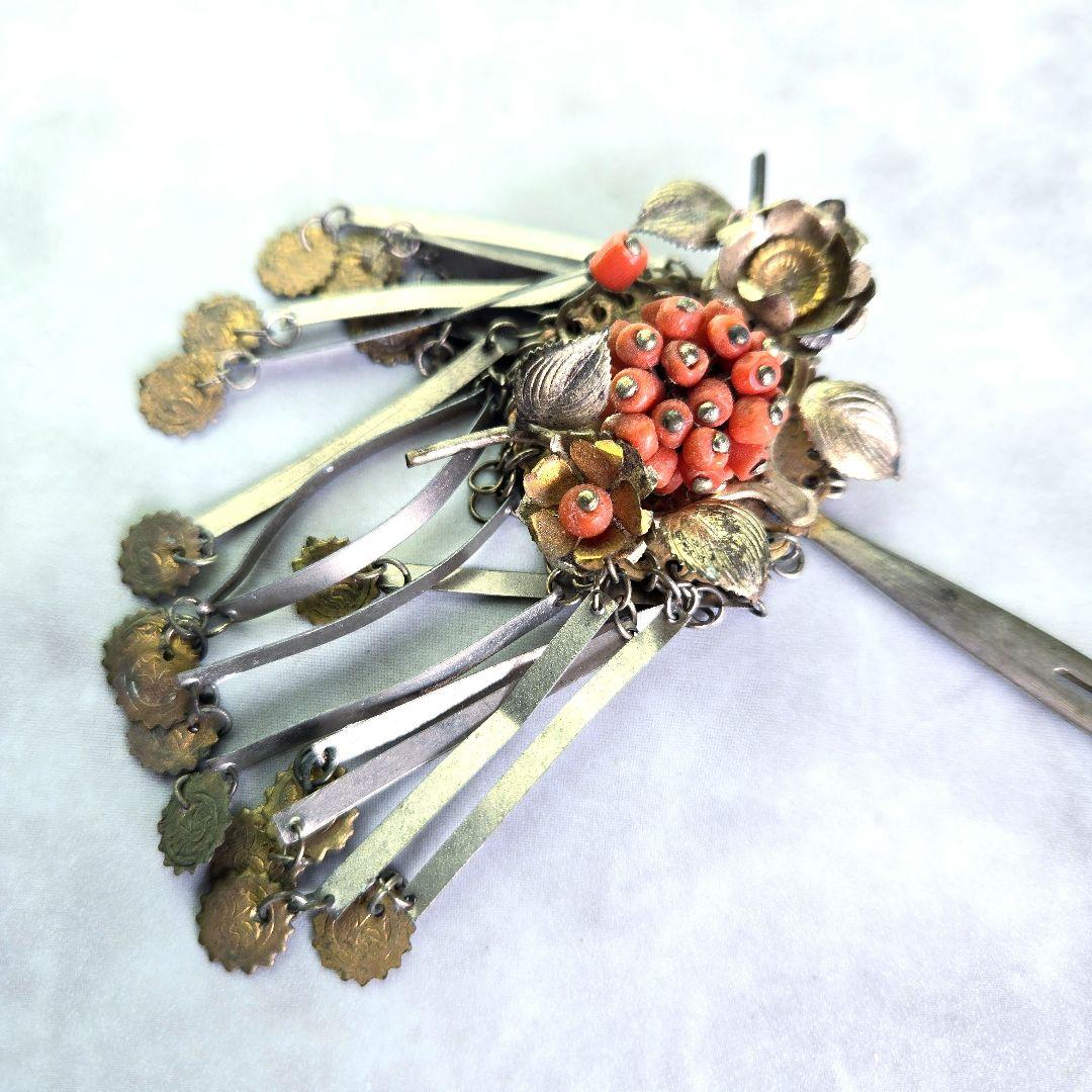 アンティーク 金工 珊瑚 簪 銀かんざし 紫陽花 H7 着物 明治 骨董 髪