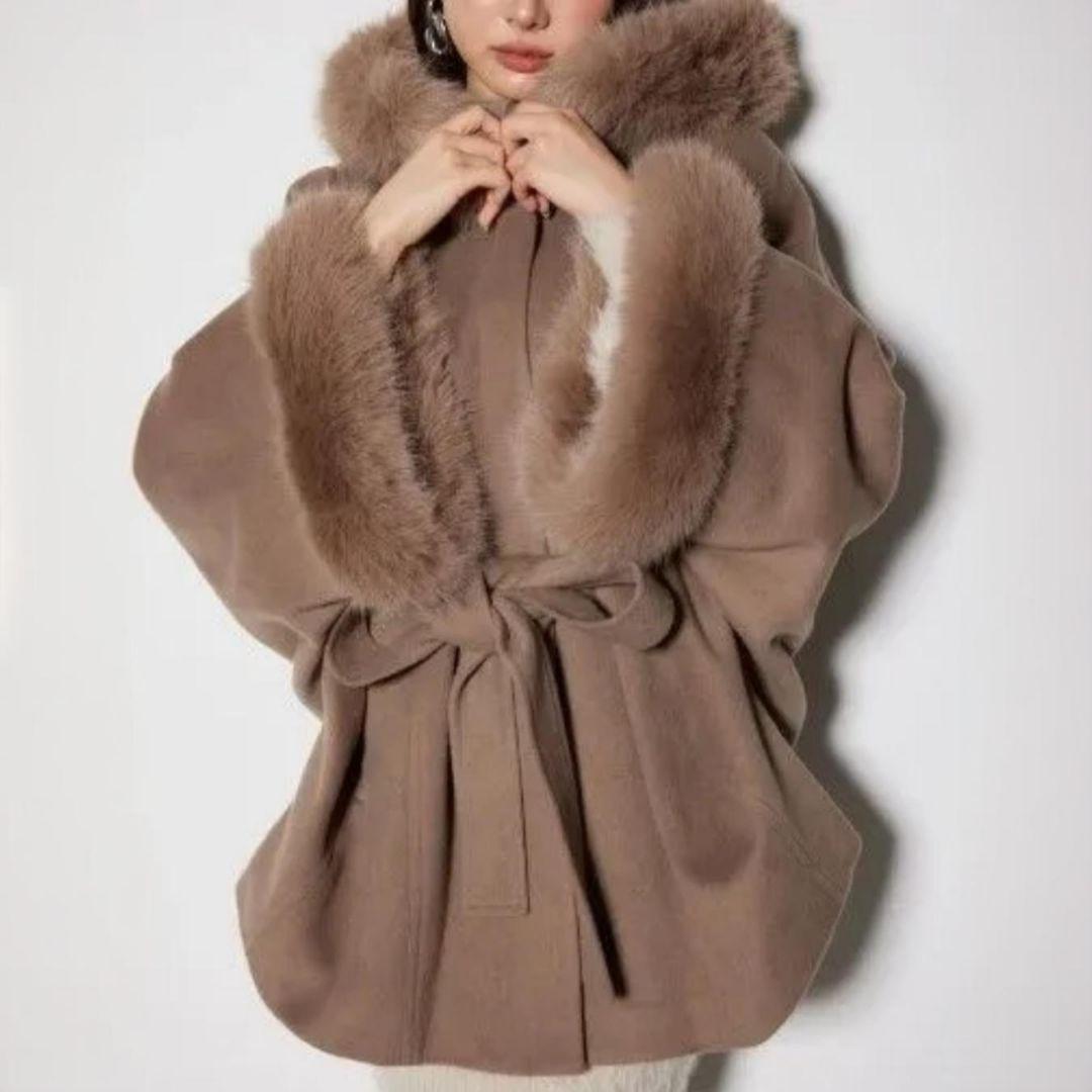 ねこね様 美品 rienda ウールMIXフードポンチョコート リエンダ ファー