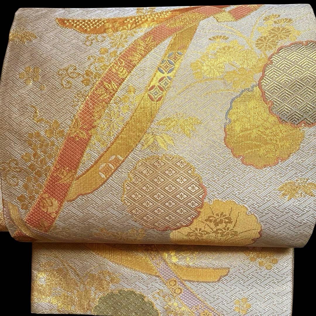 美品 逸品 雪輪紋 組紐 桜 金 正絹 全通柄 袋帯 二重太鼓 作り帯