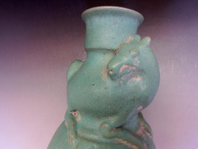 花瓶□唐物馬乗箆目青釉瓶 古い花器 花入 古玩 中国