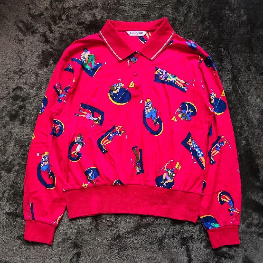 美品】LEONARDレオナール 長袖ポロシャツ コットン100％ レッド赤 M