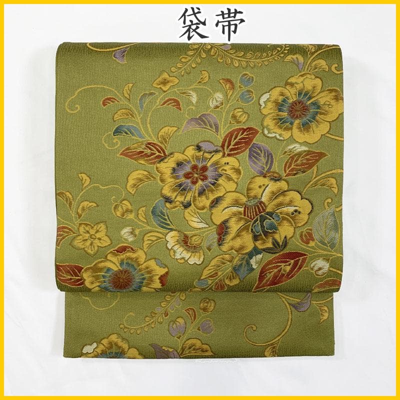 509my57◇辻が花 オリエンタルな色調 オリーブグリーン 六通 袋帯◇美