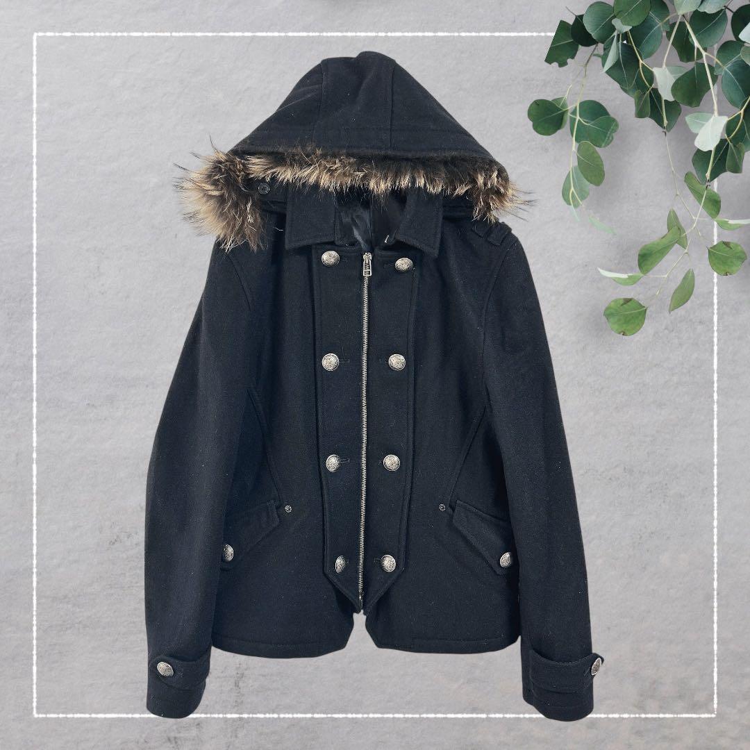 PPFM】ナポレオンジャケット(M)フード・ラクーンファー付 黒 ウール