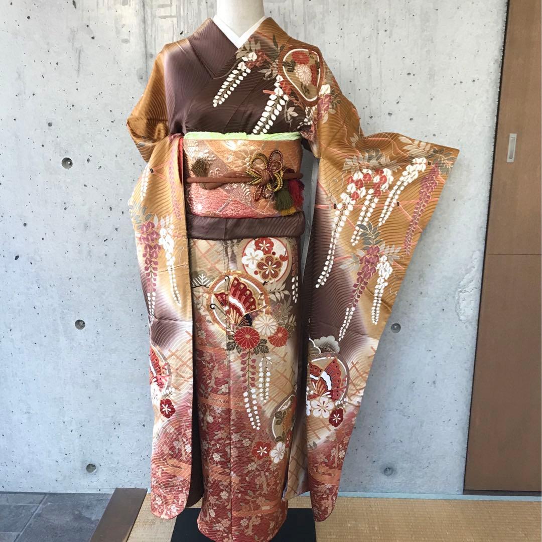 帯サービス】正絹 振袖 花蝶に金箔 染め分け