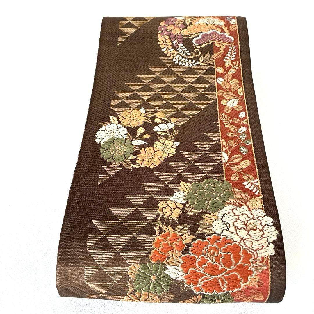 477半幅帯 小袋帯 長尺 正絹 西陣織 焦げ茶色 金通し豪華絢爛 小紋