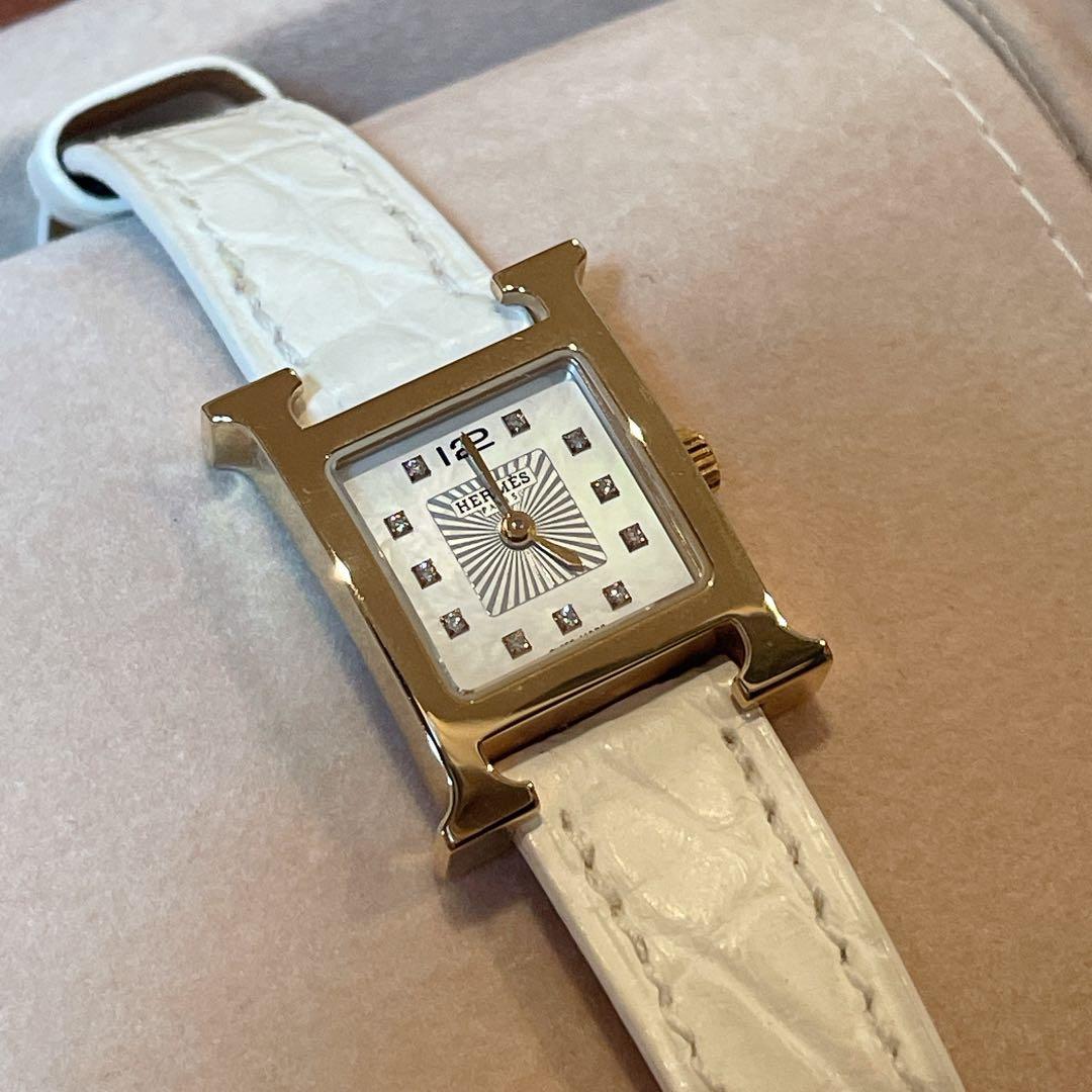 美品】エルメス Hウォッチ ミニ 11ダイヤ クロコベルト ホワイト
