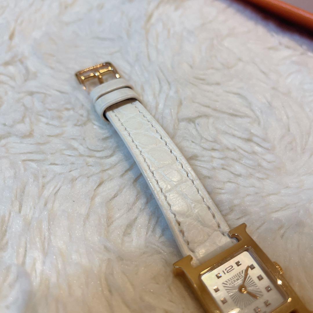 美品】エルメス Hウォッチ ミニ 11ダイヤ クロコベルト ホワイト