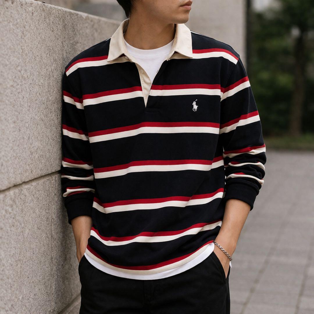 人気配色】90s ポロラルフローレン 長袖 ラガーシャツ ブラック レッド