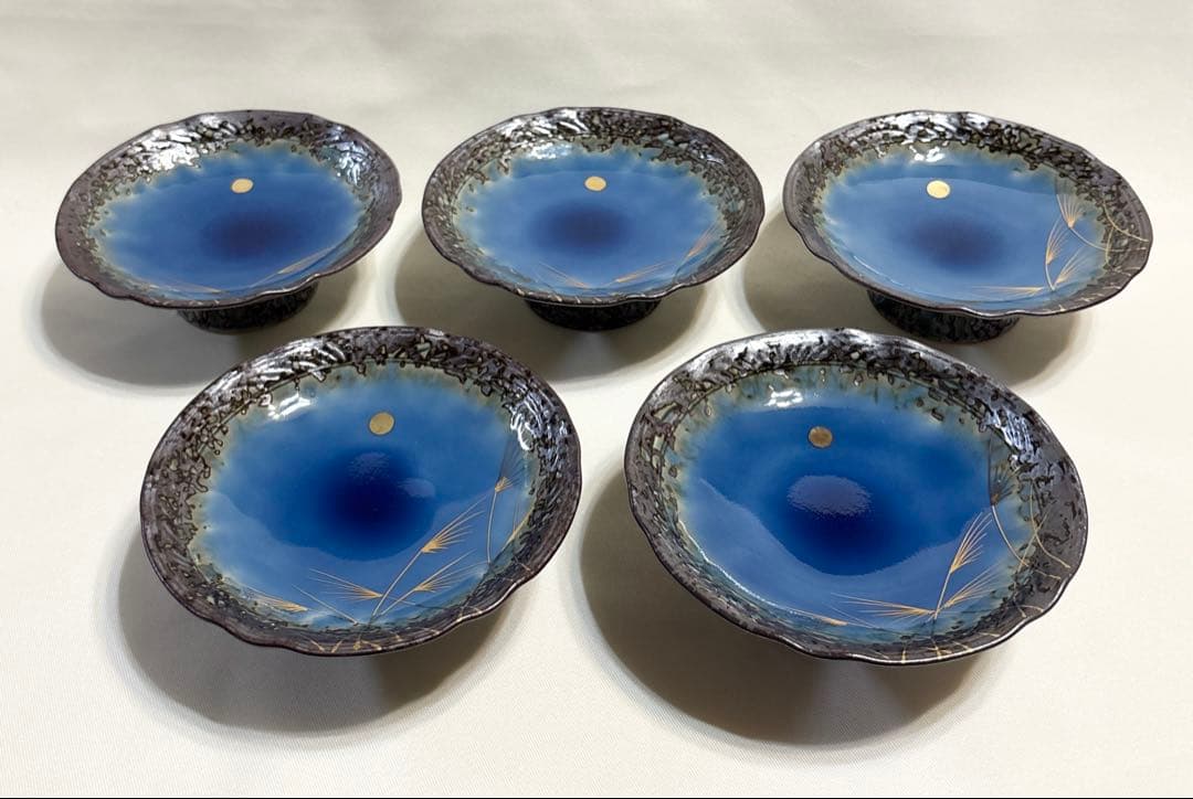 有田焼 堅窯 南蛮瑠璃 高台皿 5客 陶芸 南蛮ルリ 刺身皿 盛皿 ススキ 月見 有田焼 堅窯 南蛮瑠璃 高台皿 5客 陶芸 南蛮ルリ 刺身皿 盛皿 ススキ