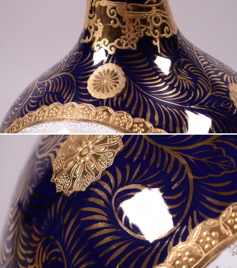 薩摩焼 栄盛窯 瀧山作 金襴手花鳥図鶴首大花瓶 65.7cm 飾瓶【CM208】