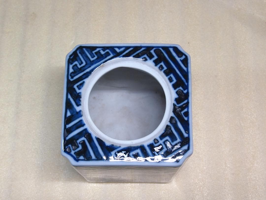 未使用】九谷焼 九谷陶香作 角福 福寿 香炉 染付 人物/小紋 茶道具/香