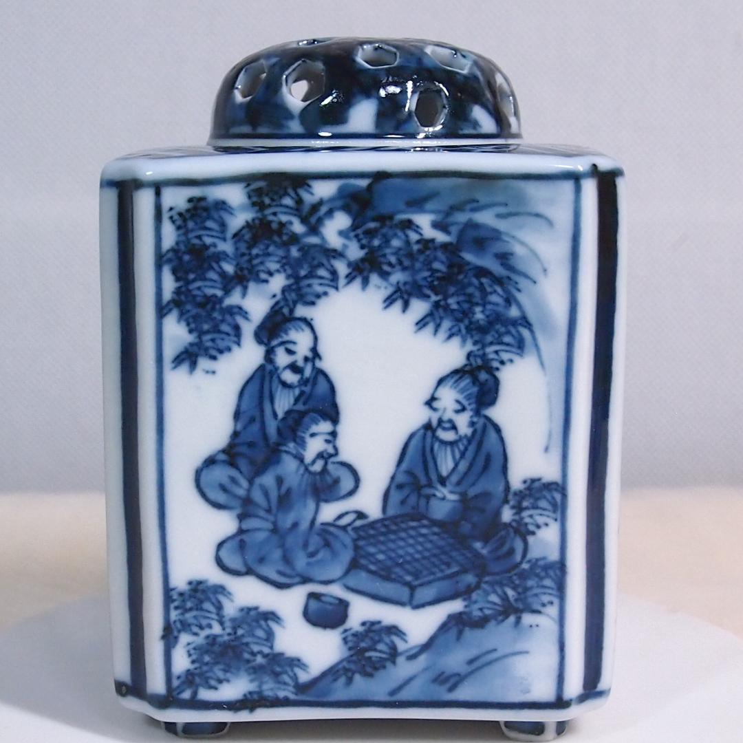 未使用】九谷焼 九谷陶香作 角福 福寿 香炉 染付 人物/小紋 茶道具/香