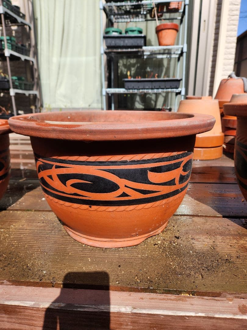 陶器製植木鉢 オレンジと黒の装飾 中 - メルカリ