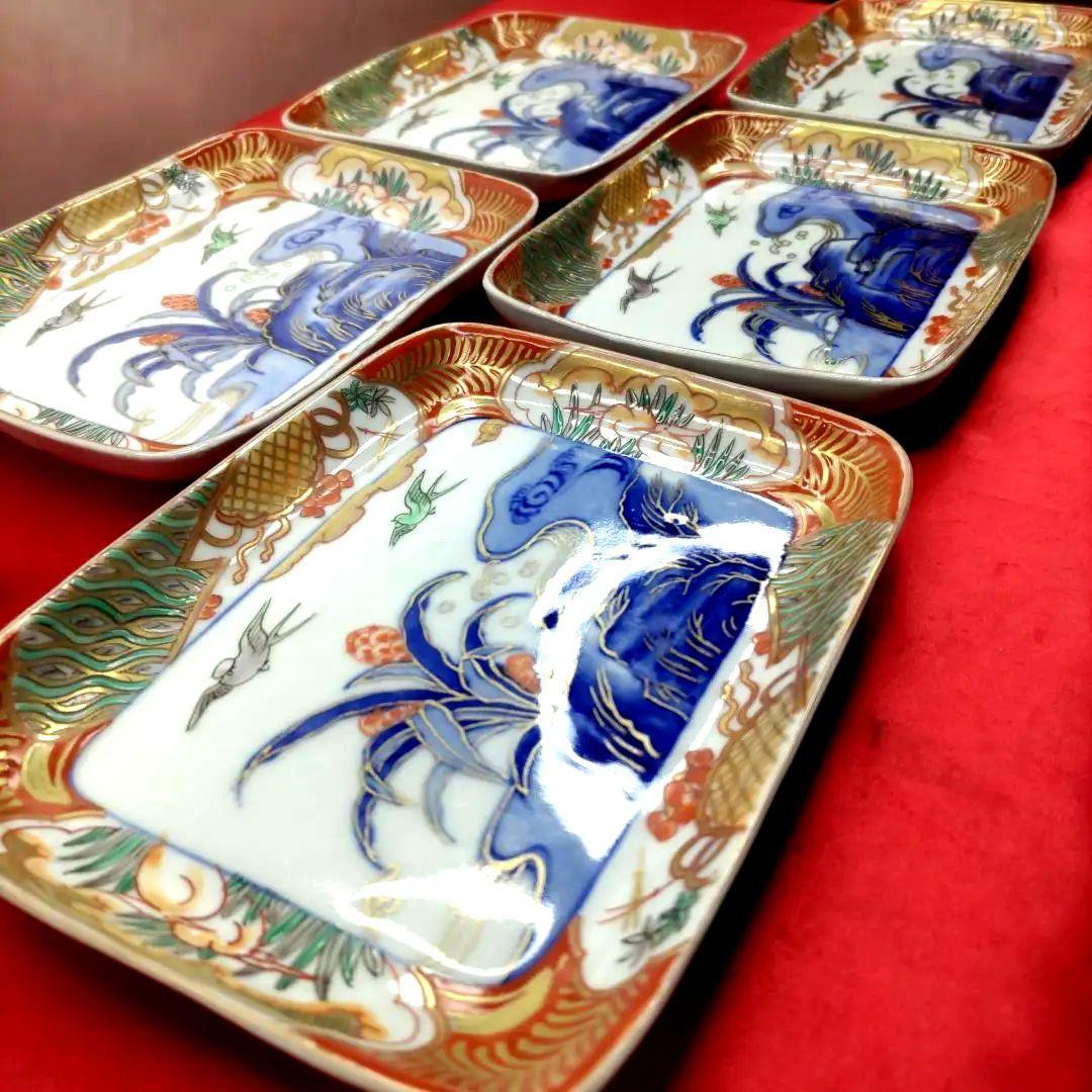 有田焼　伊万里焼　古伊万里　金彩　色絵　小皿　角皿　長角皿　刺し身皿5客セット③ 有田焼 伊万里焼 古伊万里 金彩 色絵 小皿 角皿 長角皿 刺し身皿5