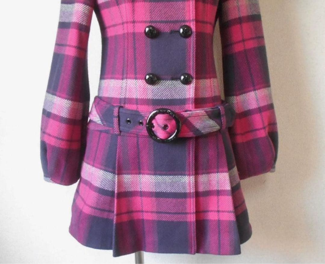 バーバリー ブルーレーベル チェック ピンク ウールコート ベルト付