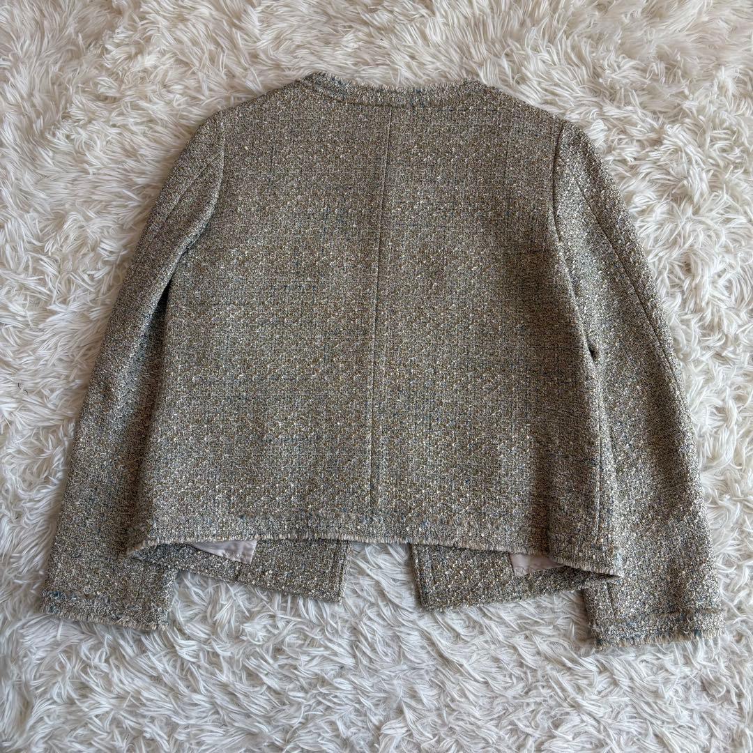 極美品 グリーンレーベルリラクシング ノーカラーツイードジャケット