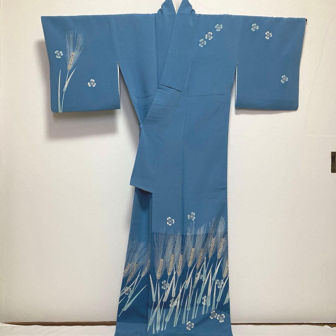 訪問着【 人間国宝 山田貢 】糸目糊揚友禅 麦文様 袷着物 青水色 正絹
