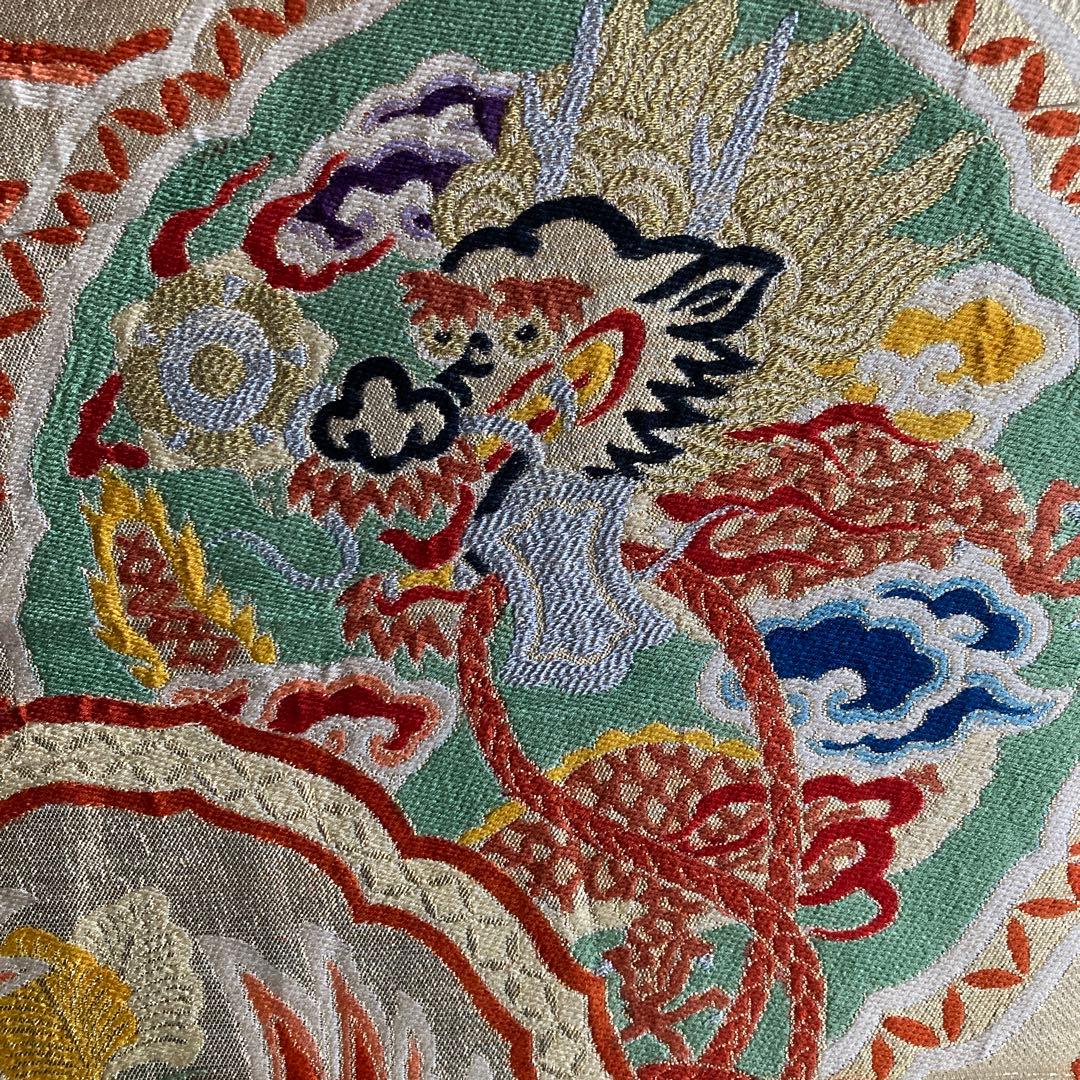 アンティーク丸帯　龍・鶴・唐獅子　織り出し　大正ロマン　正絹　No.77-100