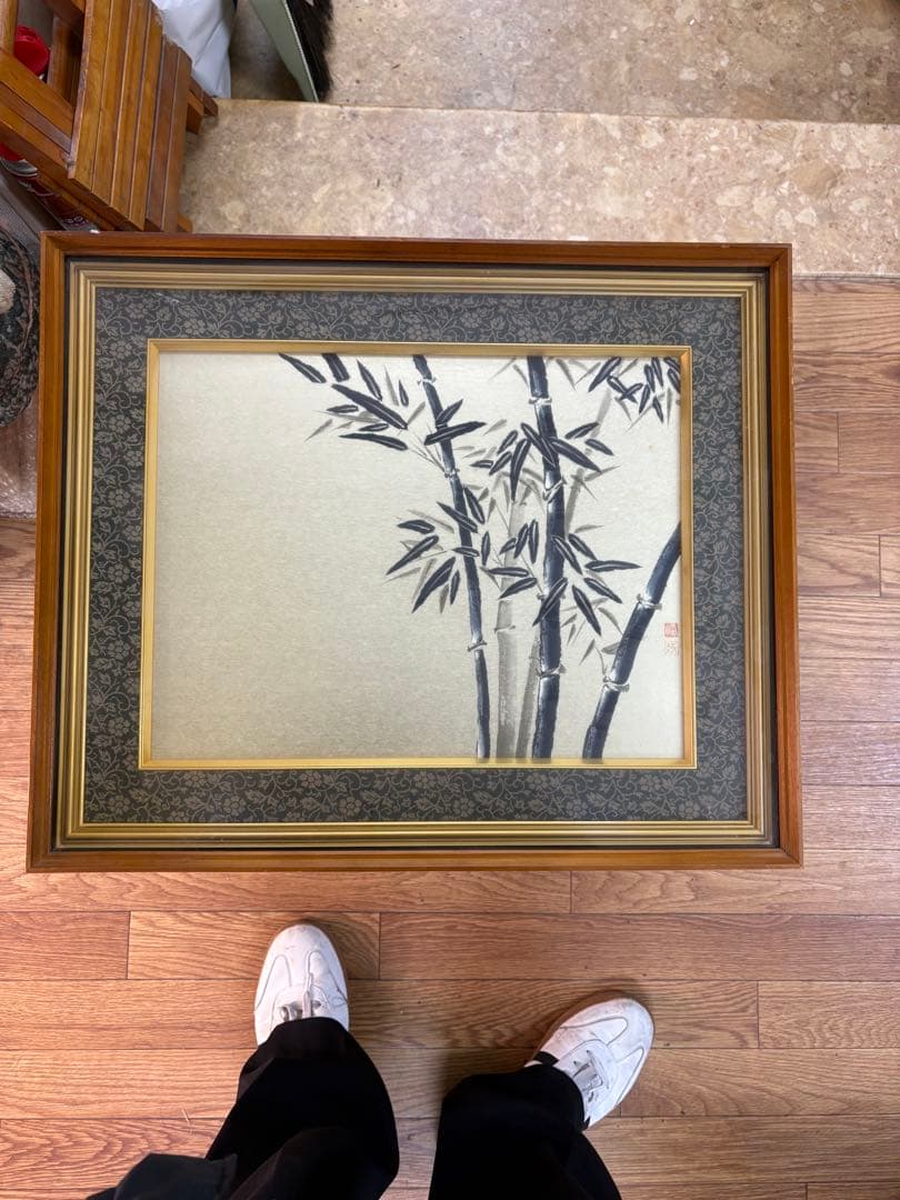 縁起物・大型】日本画 水墨画「竹図」嵐峰 銘 額装 豪華マット仕立て