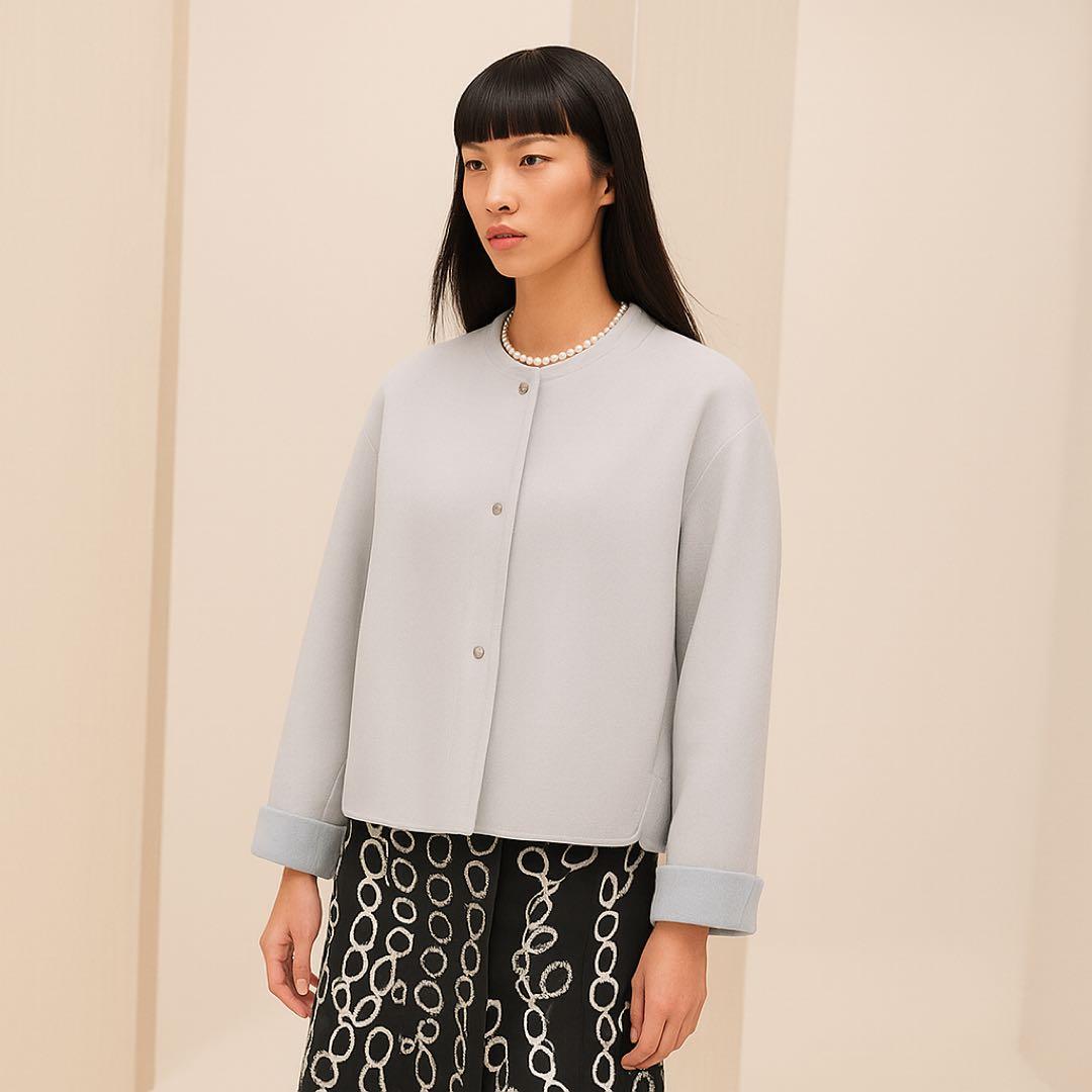 美品 HERMÈSエルメス カシミヤ ショート ノーカラー コート ブルー