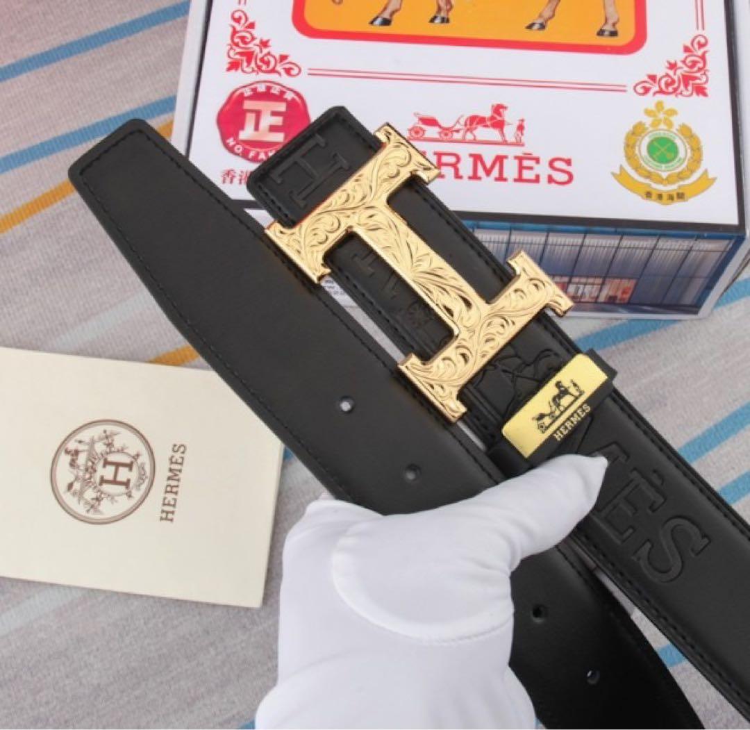 ♡HERMES ブラック レザーベルトHバックルゴールド金具 型押しロゴ箱