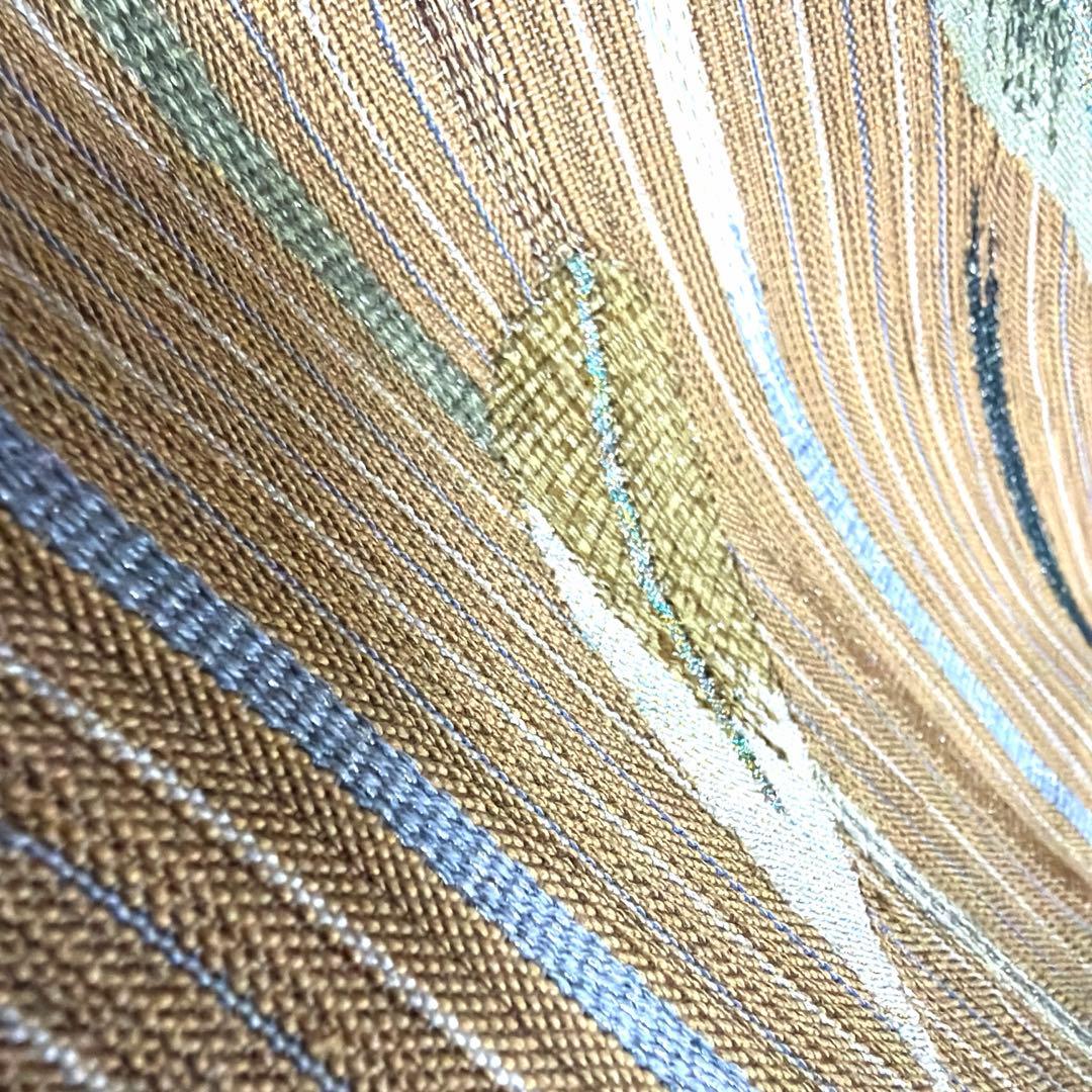 正絹　紬　袋帯《縞　葉模様》