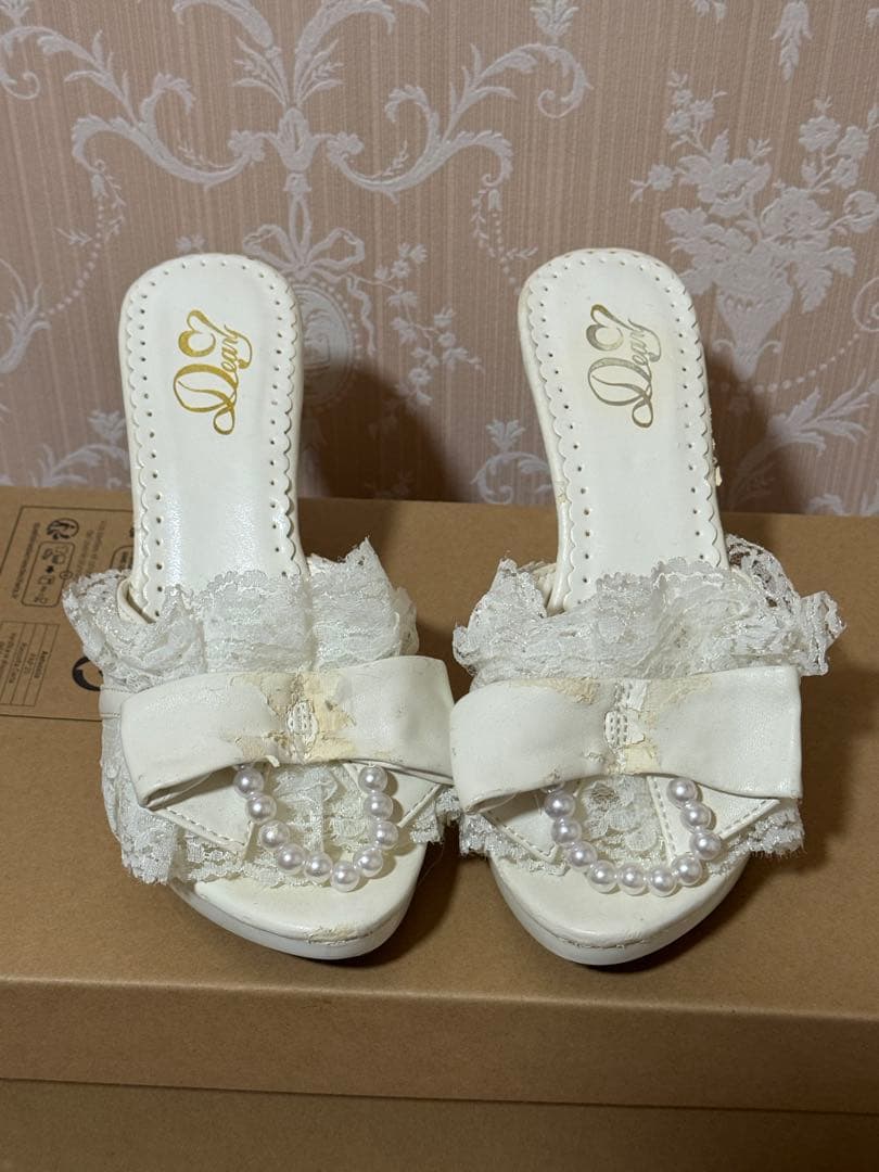 夢展望 deary ホワイトレースパール ハート ヒール ミュール - メルカリ